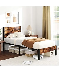 Costway Bed Frame with Tall Industrial Headboard Heavy-Duty Metal Slats Support