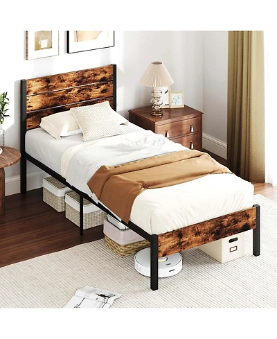 Costway Bed Frame with Tall Industrial Headboard Heavy-Duty Metal Slats Support