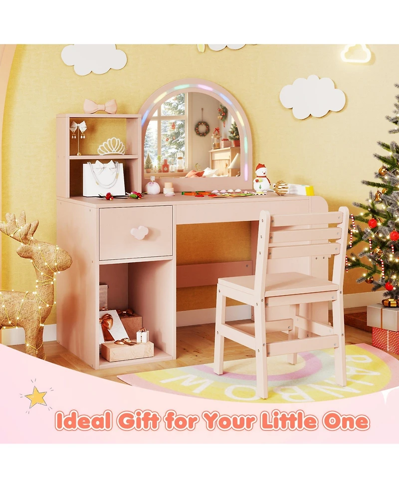 Gymax Kids Vanity Desk with Lights Open Bookshelf Storage Drawer Compartment and Shelves