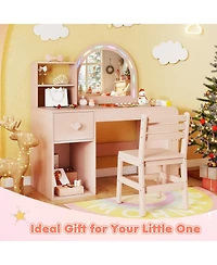 Gymax Kids Vanity Desk with Lights Open Bookshelf Storage Drawer Compartment and Shelves
