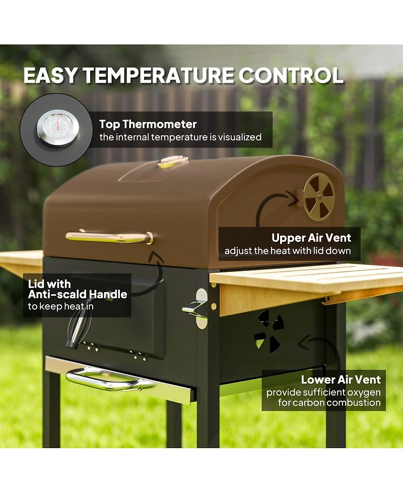 Asagikoiai Large Charcoal Bbq Grill with Thermometer, Wheels and Side Shelves