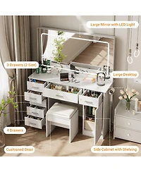 gaomon Vanity Desk with Large Led Mirror, 7 Drawers, Power Outlets, Usb Ports, Hair Dryer Holder, 3-Mode Lighting, Stool, Cabinet