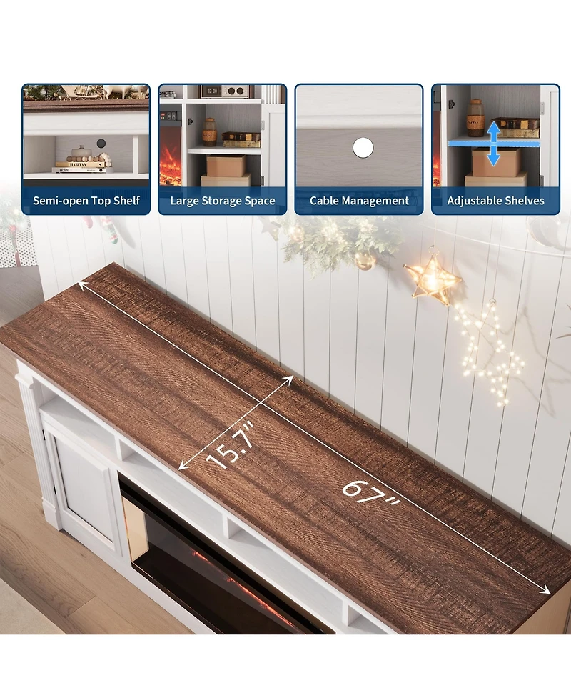 homfan 68 Inch Fireplace Tv Stand,Wooden Entertainment Center with 36 Inch Fireplace, Farmhouse Media Console with Storage Cabinets for Living Room