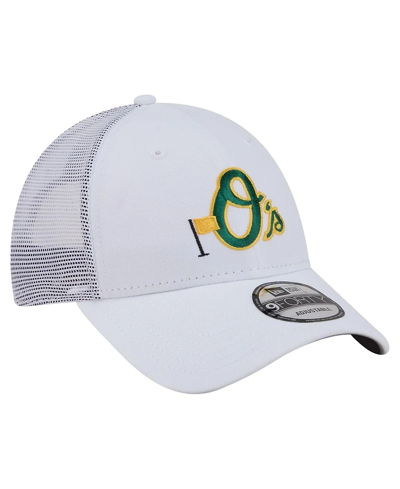 New Era Men's White Baltimore Orioles Flag 9FORTY Trucker Adjustable Hat