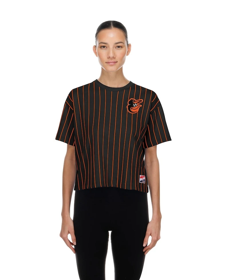 New Era Women's Black Baltimore Orioles Throwback Meshback Pinstripe Boxy T-Shirt