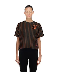 New Era Women's Black Baltimore Orioles Throwback Meshback Pinstripe Boxy T-Shirt