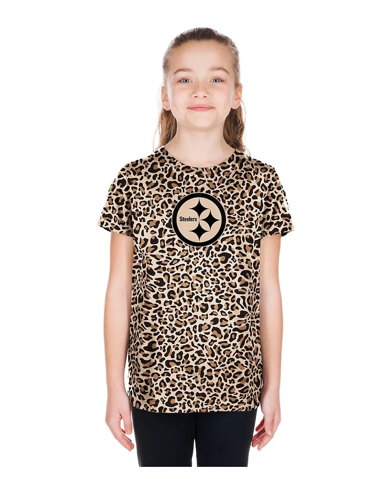 New Era Big Girls Tan Pittsburgh Steelers Mom Me Leopard T-Shirt