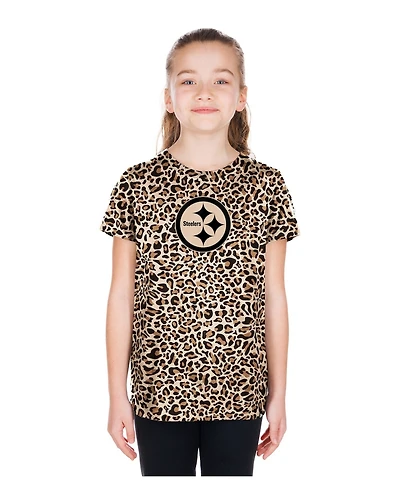 New Era Big Girls Tan Pittsburgh Steelers Mom Me Leopard T-Shirt