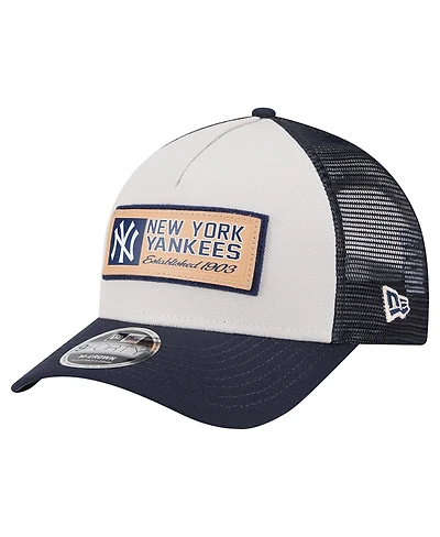 New Era Men's Stone/Navy New York Yankees Text A-Frame Trucker 9FORTY Hat
