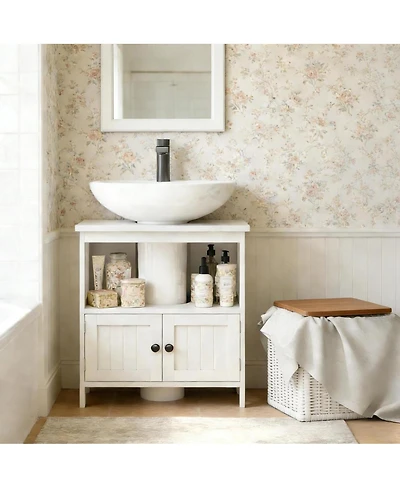 Sillysis 23.5 Inch Farmhouse Under Sink Bathroom Storage Cabinet with Door and Open Shelf, Space Saving Engineered Wood Organizer
