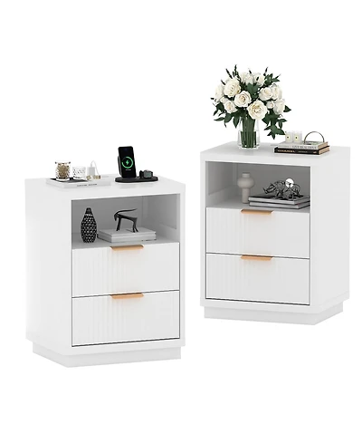 homfan Set of 2 Fluted Nightstands with Charging Station, 2-Drawer Bedside Tables with 2 Outlets and 2 Usb Ports, Metal Handles