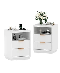 homfan Set of 2 Fluted Nightstands with Charging Station, 2-Drawer Bedside Tables with 2 Outlets and 2 Usb Ports, Metal Handles