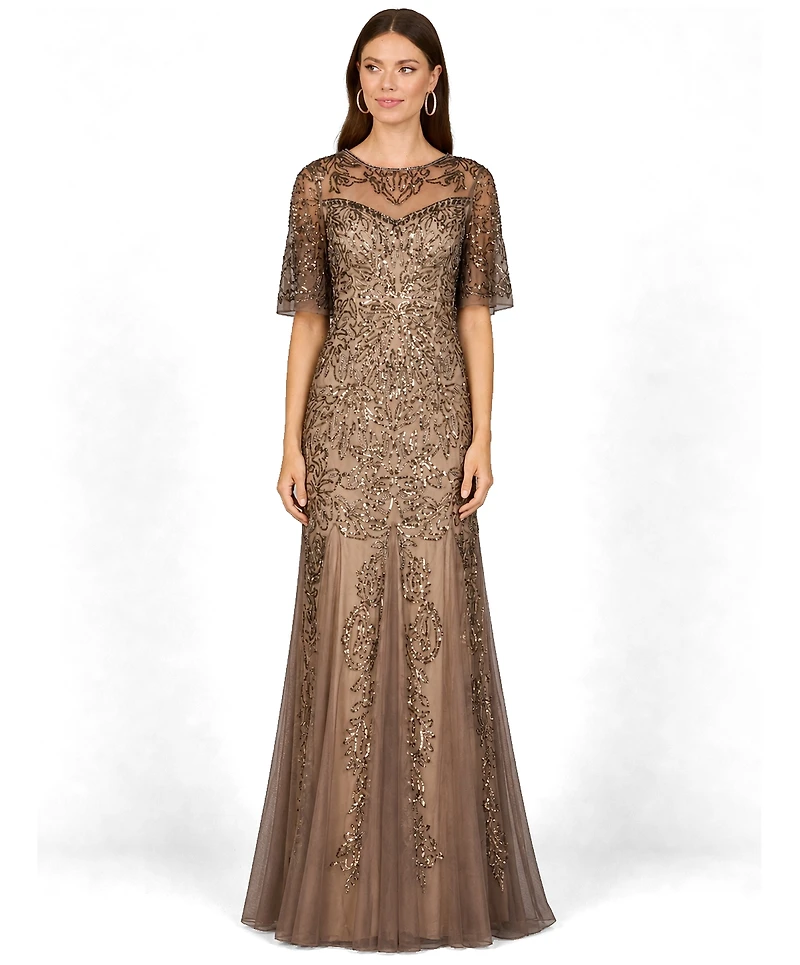 Lara Women's Short Sleeve Sheath Beaded Gown