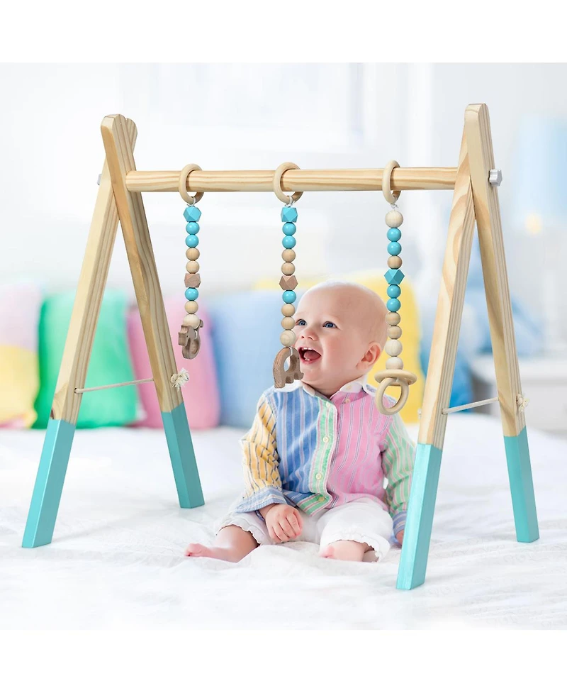 Costway Toddler Wooden Gym with 3 Wooden Teething Toys Hanging Bar