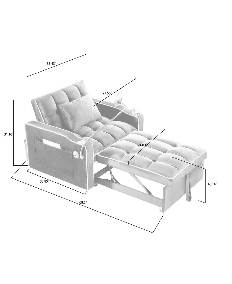 Clihome Convertible Sleeper Chair Sofa Bed Adjustable Pull Out Multi-Pockets Folding Bed,3-in-1