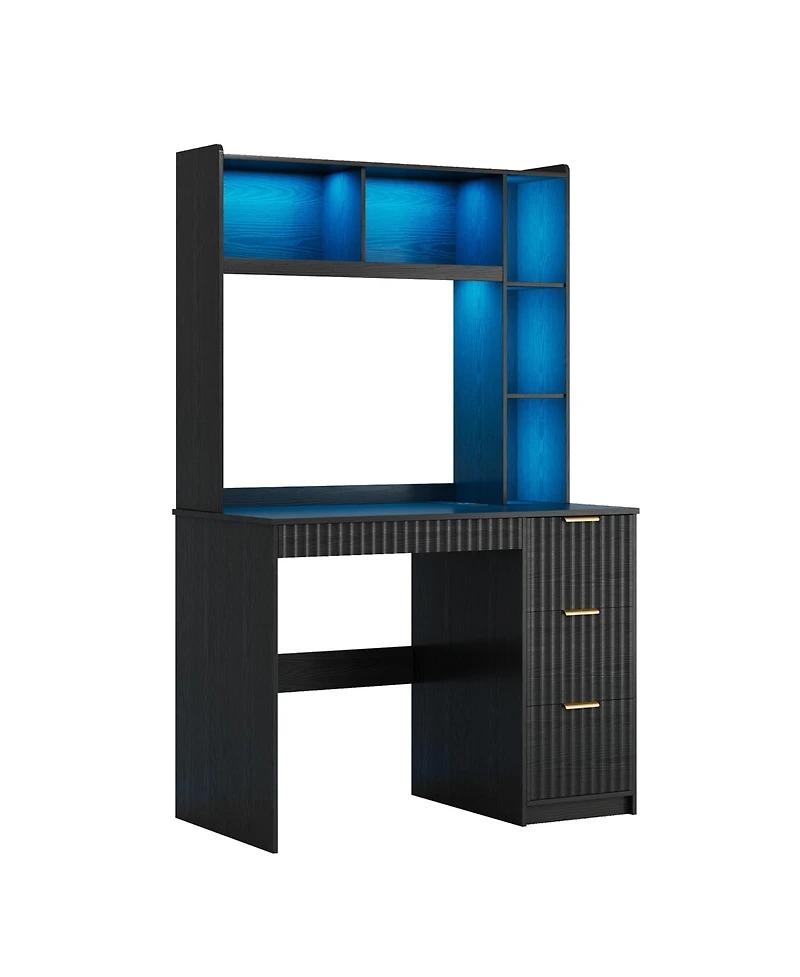 Vlsrka Computer Desk With Bookshelves And Led Lighting