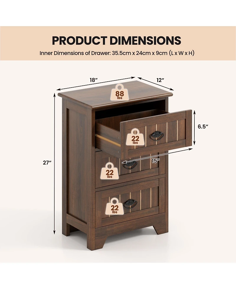 Gymax 2-Piece 3 Drawers End Table Nightstand Bedroom Storage Wood Slide