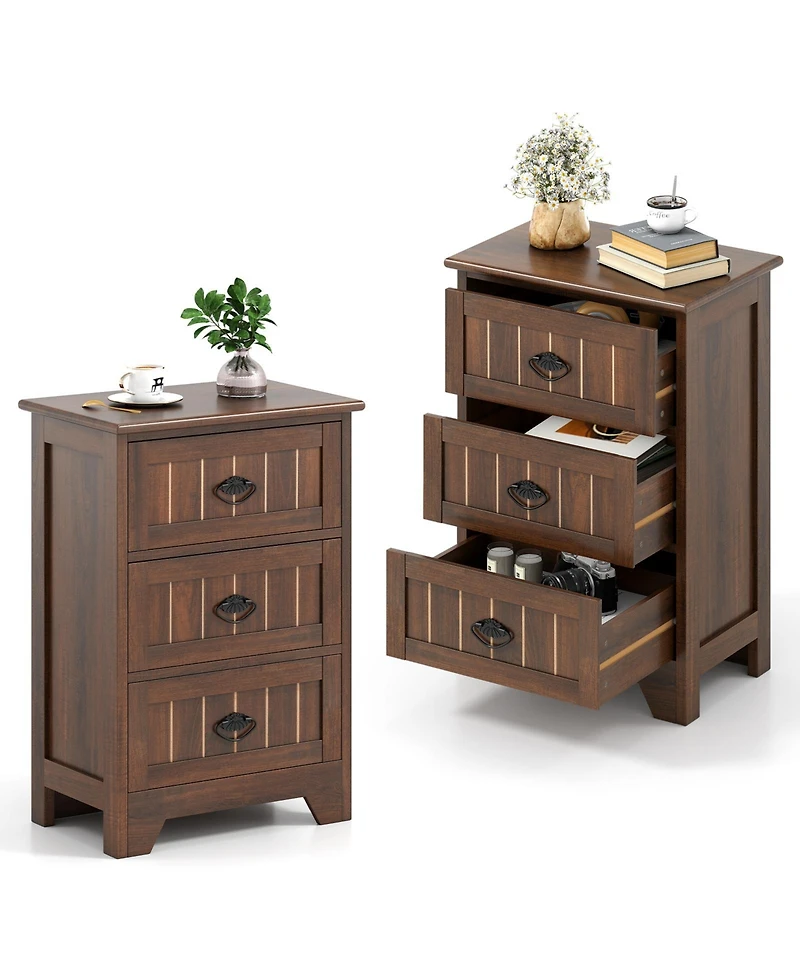 Gymax 2-Piece 3 Drawers End Table Nightstand Bedroom Storage Wood Slide