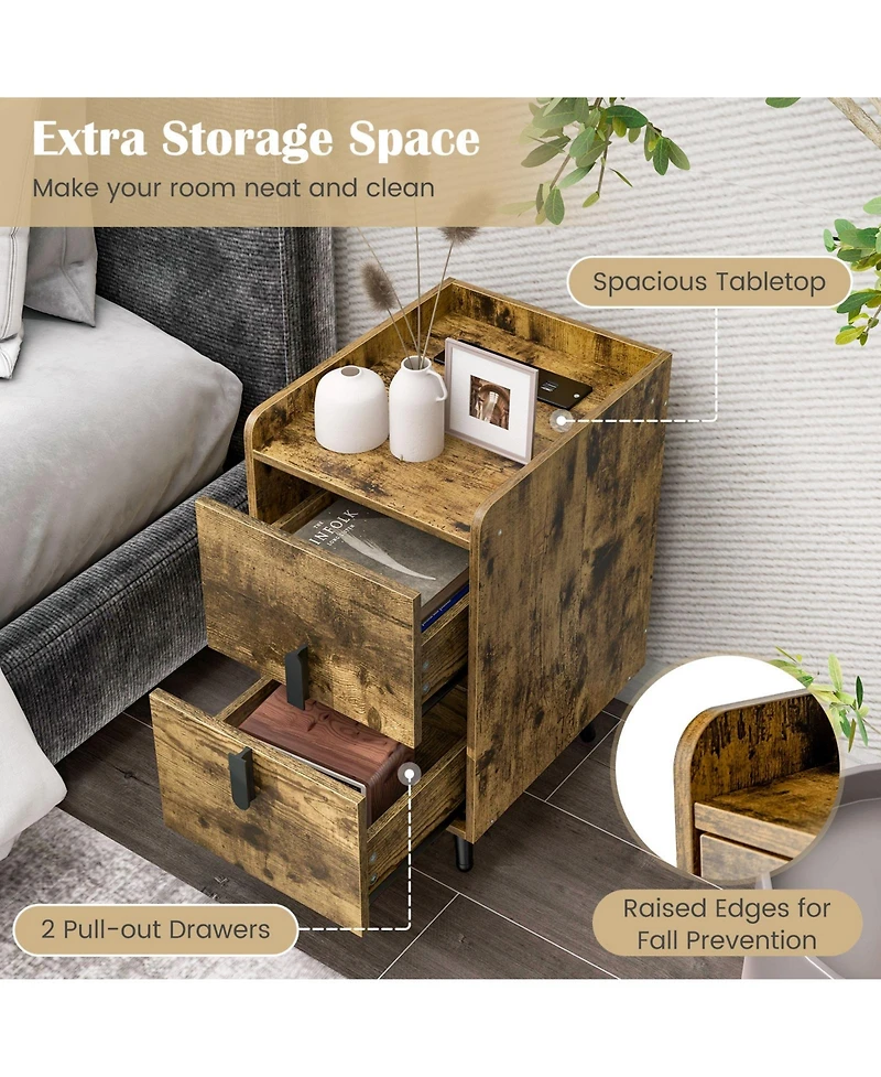 Gymax Set of 2 Nightstand w/ Charging Station Home Bedside Sofa Side Tables Drawers Cafe