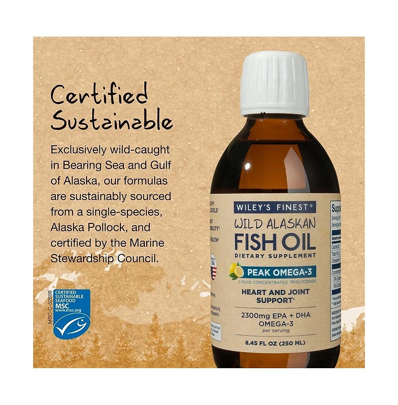 Wiley s Finest Wild Alaskan Fish Oil Peak Omega-3 Liquid Supplement - 2300mg Epa and Dha Omega-3s - Lemon Flavor