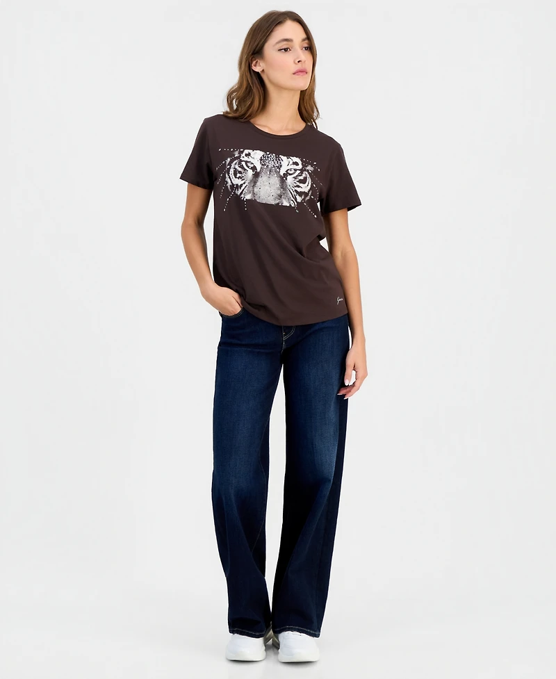 Guess Women's Tiger Eyes Graphic Crewneck Cotton Easy T-Shirt