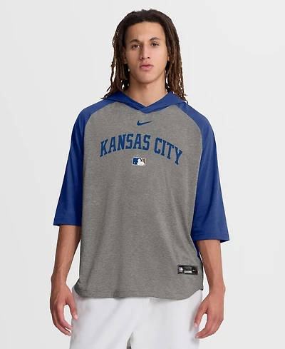 Nike Men's Gray Kansas City Royals Authentic Collection Flux Dri-fit Raglan 3/4-Sleeve Hooded T-Shirt