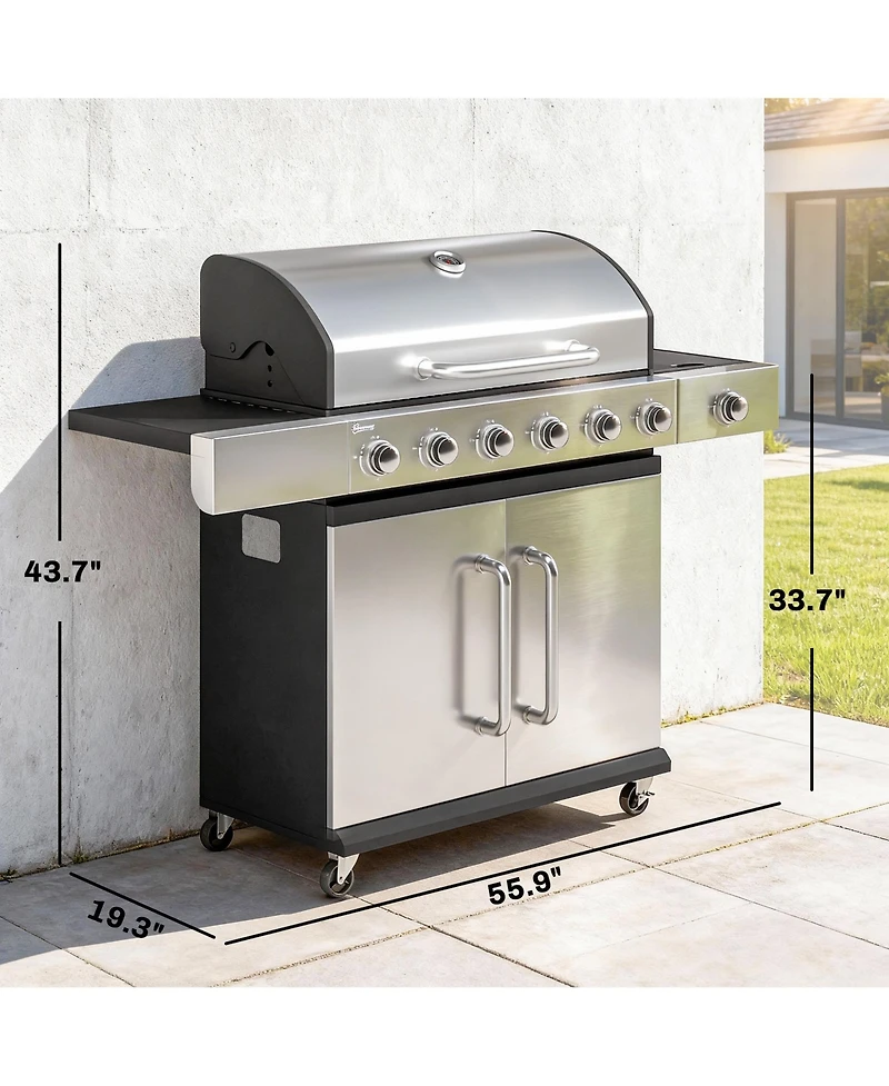 Outsunny 6 Burner Propane Gas Grill, Barbecue Grill with Side Burner