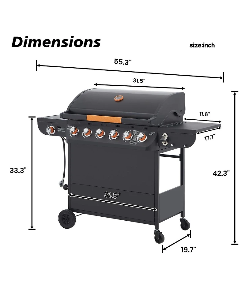 Asagikoiai 6 Burner Propane Gas Grill with Side Burner, 72000 Btu Stainless Steel Outdoor Bbq