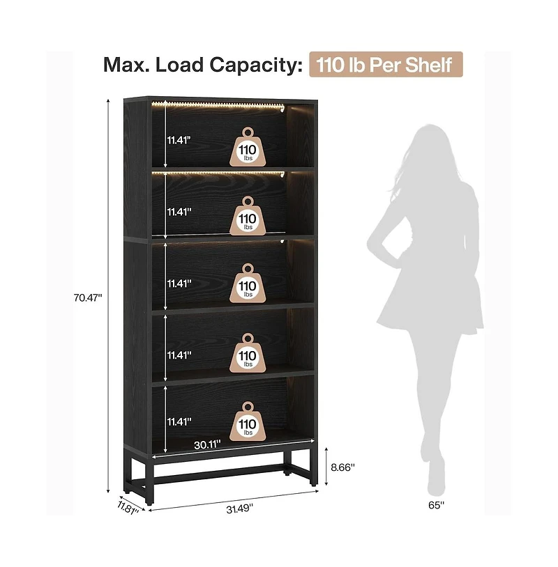 Slickblue 5-Tier Tall Bookcase with Led Lighting for Books, Decor, and Storage