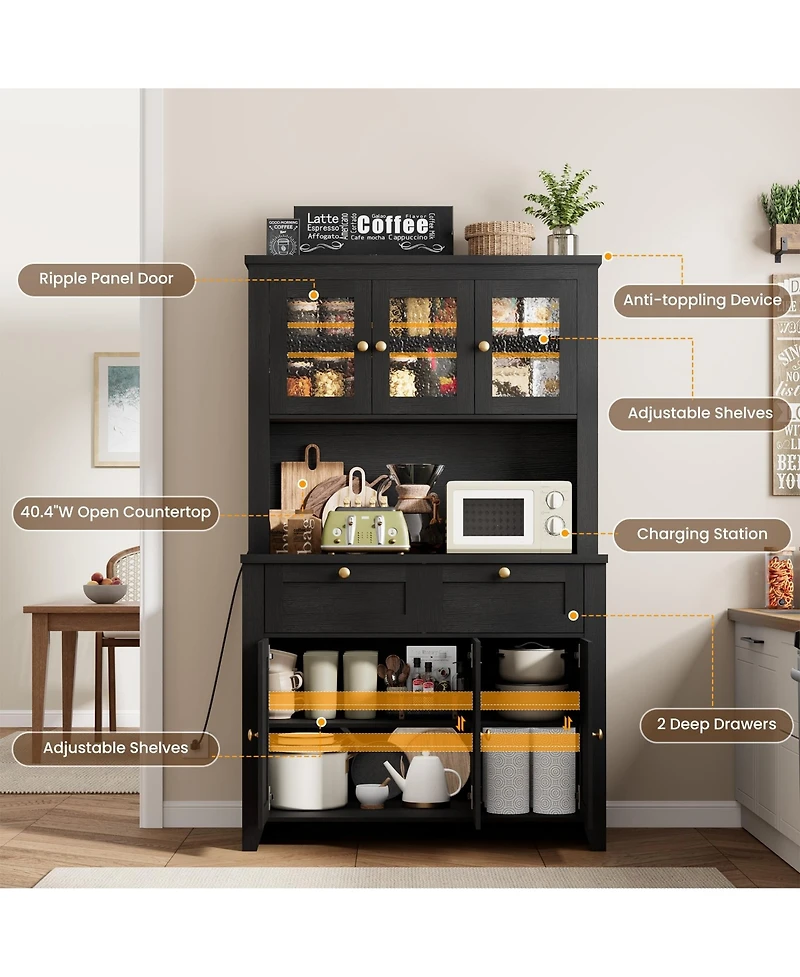 homfan 66 Inch Tall Pantry Cabinet with Led Lights and Charging Station, Kitchen Hutch Coffee Bar Drawers Adjustable Shelves