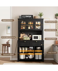 homfan 66 Inch Tall Pantry Cabinet with Led Lights and Charging Station, Kitchen Hutch Coffee Bar Drawers Adjustable Shelves