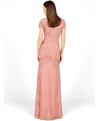 Lara Women's Beaded Cap Sleeve Gown With V-Neckline