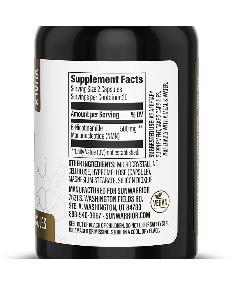 Sunwarrior Nmn Capsules 500 Milligram for Cellular Energy and Healthy Aging Support, Formula, 60 Capsules