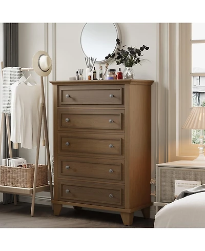 homfan 5-Drawer Tall Wooden Dresser with Anti-Tip Device and Metal Handles for Bedroom, Closet, Hallway, or Living Room