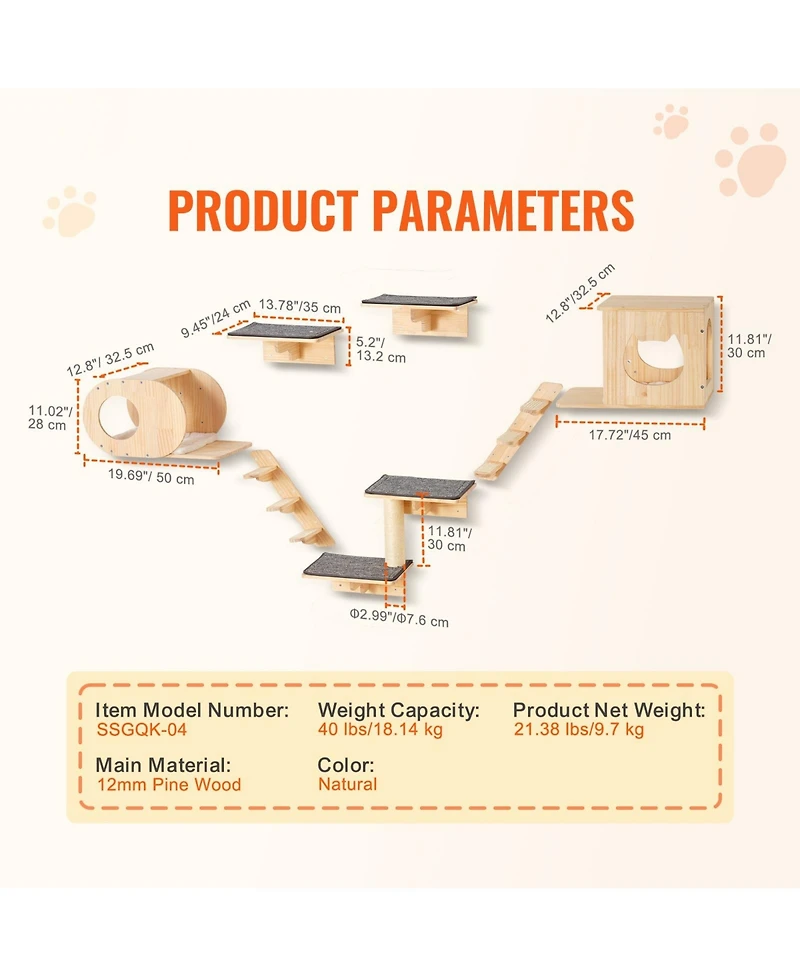Cozito Wall Mounted Cat Shelves Set of 7 with Perches, Hammock and Pine Wood Platforms