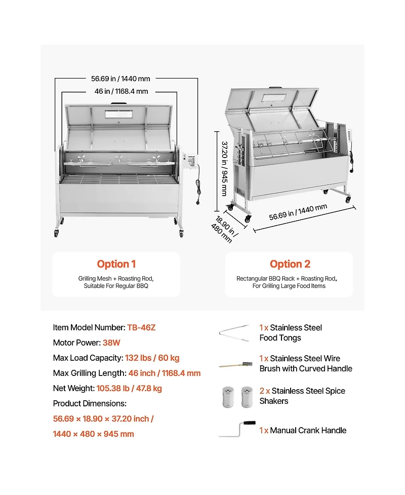 Cozito Rotisserie Grill, 38W Stainless Steel Spit Roaster with Wheels