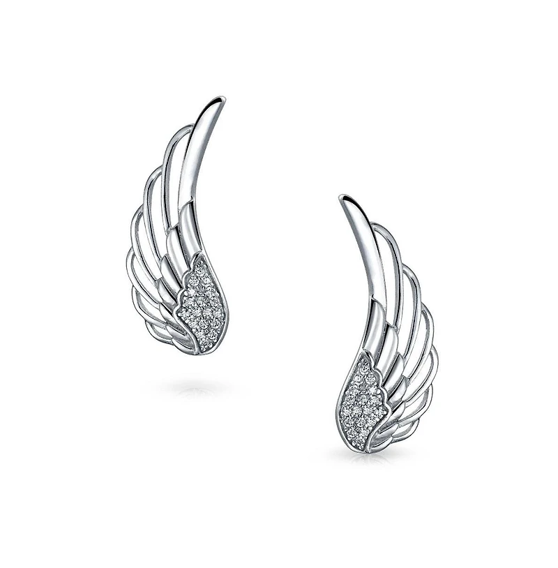 Bling Jewelry Spiritual Guardian Angel Wing Ear Pin Crawler Climber Earrings Pave Cz Accent .925 Sterling Silver