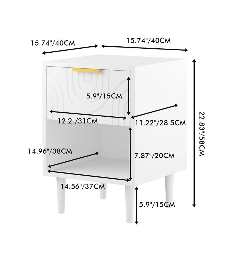 Rainsken Modern Nightstand, Wood End Table Kids Bedside Table with Drawer, Open Shelf and Gold Handle for Bedroom Decor