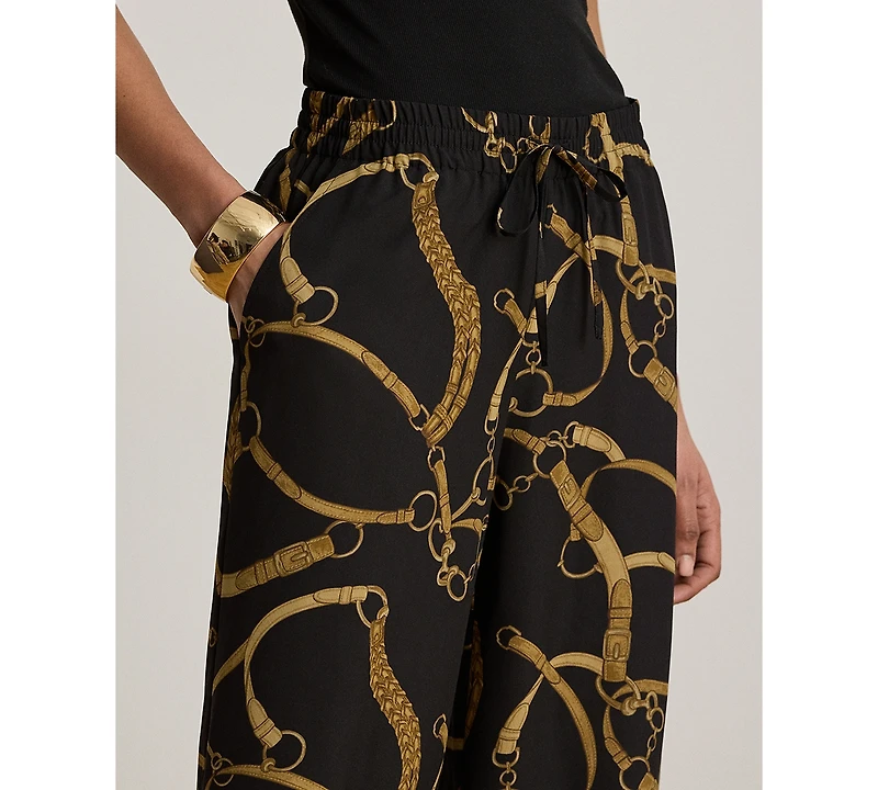 Lauren Ralph Petite Belting-Print Crepe Wide-Leg Pants