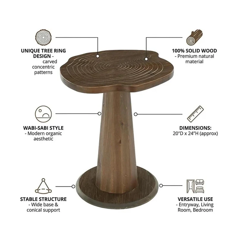 Slickblue 20.8 Inch Solid Wood Round End Table with Tree Ring Pattern