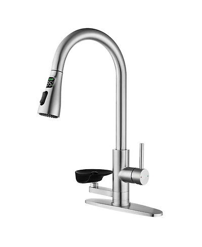 Phying 3 in 1 Kitchen Faucet with 3 Color Led Temperature Display Press Type Glass Rinser High Arc Pull Down Sprayer 3 Spray Modes Brushed Nickel