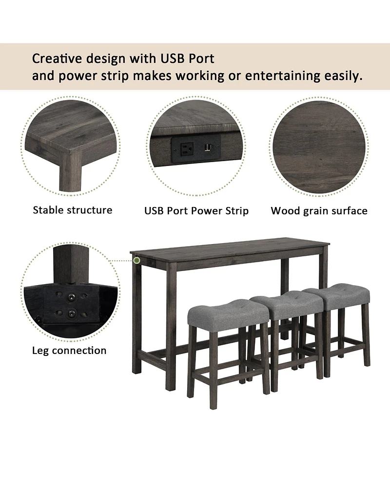 flynama 4-Piece Bar Table Set with Power Outlet, 3 Stools for Living Room and Dining Room