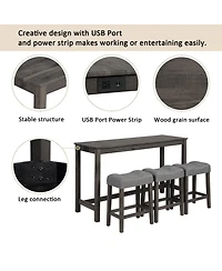 flynama 4-Piece Bar Table Set with Power Outlet, 3 Stools for Living Room and Dining Room