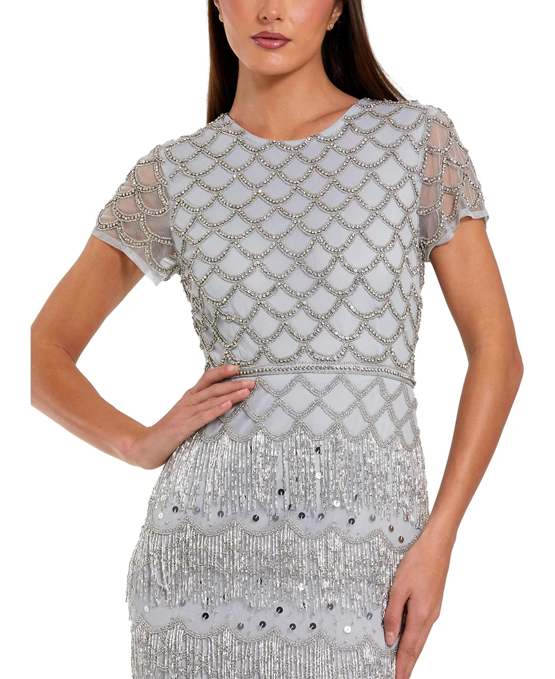 Mac Duggal Women's Fringe Embellished Mesh Maxi Dress