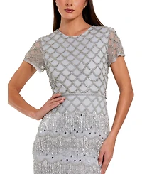 Mac Duggal Women's Fringe Embellished Mesh Maxi Dress