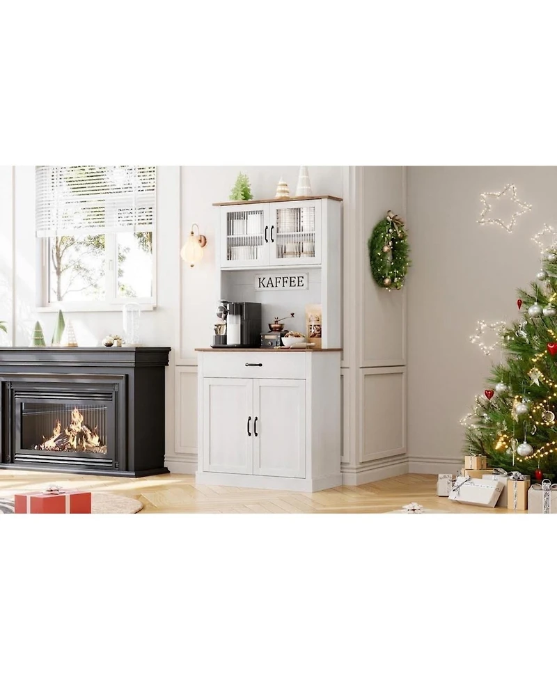homfan Kitchen Pantry Cabinet with Microwave Stand - Buffet Storage, Glass Doors and Shelves, Appliance Organizer for Dining Room and Coffee Bar