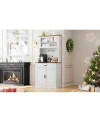 homfan Kitchen Pantry Cabinet with Microwave Stand - Buffet Storage, Glass Doors and Shelves, Appliance Organizer for Dining Room and Coffee Bar