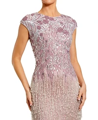 Mac Duggal Women's Fringe Beaded Mesh Short Sleeve Evening Gown