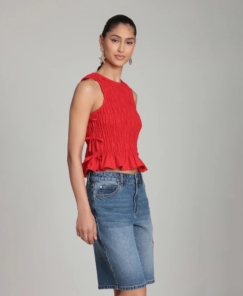 Avec Les Filles Women's Ruched Side-Tie Crewneck Top