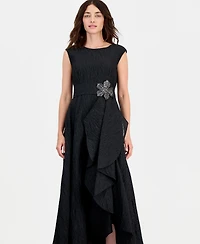Tahari Asl Women's Boat-Neck Embellished Crinkle Taffeta Dress